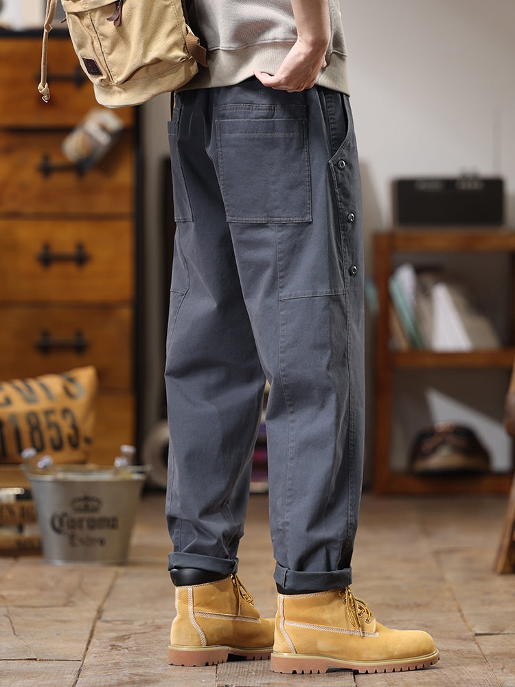 Pantalon cargo homme à boutons latéraux décoratifs, coupe droite et ample