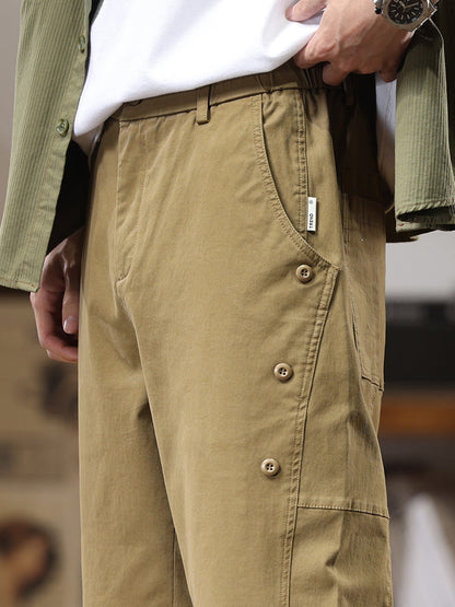 Pantalon cargo homme à boutons latéraux décoratifs, coupe droite et ample