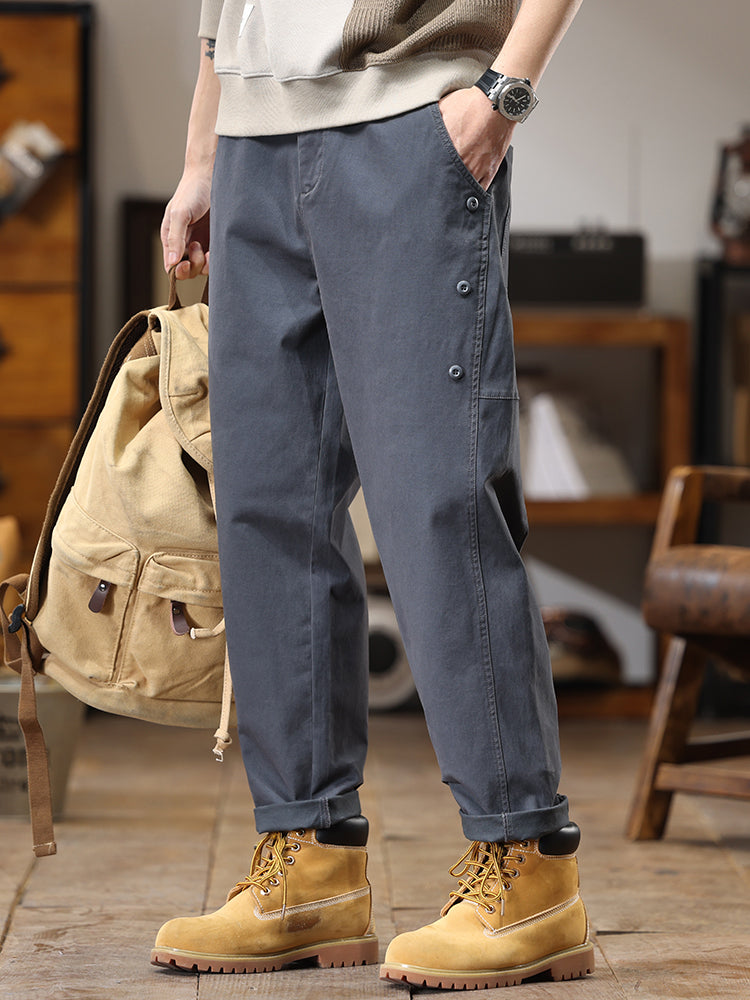 Pantalon cargo homme à boutons latéraux décoratifs, coupe droite et ample