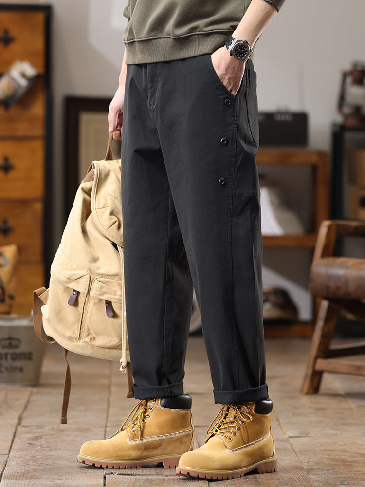 Pantalon cargo homme à boutons latéraux décoratifs, coupe droite et ample