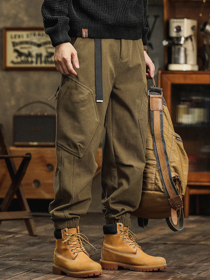 Pantaloni cargo casual da uomo in velluto a coste con cinturino decorativo
