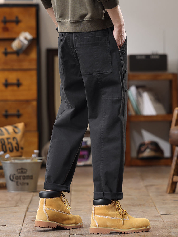 Pantalon cargo homme à boutons latéraux décoratifs, coupe droite et ample