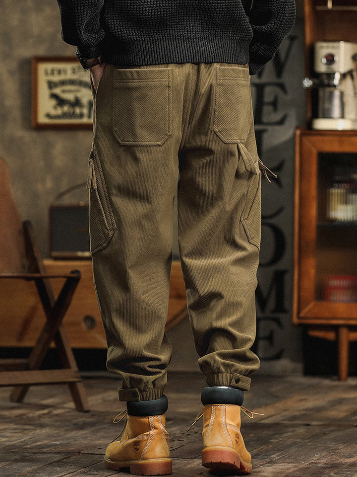 Pantaloni cargo casual da uomo in velluto a coste con cinturino decorativo