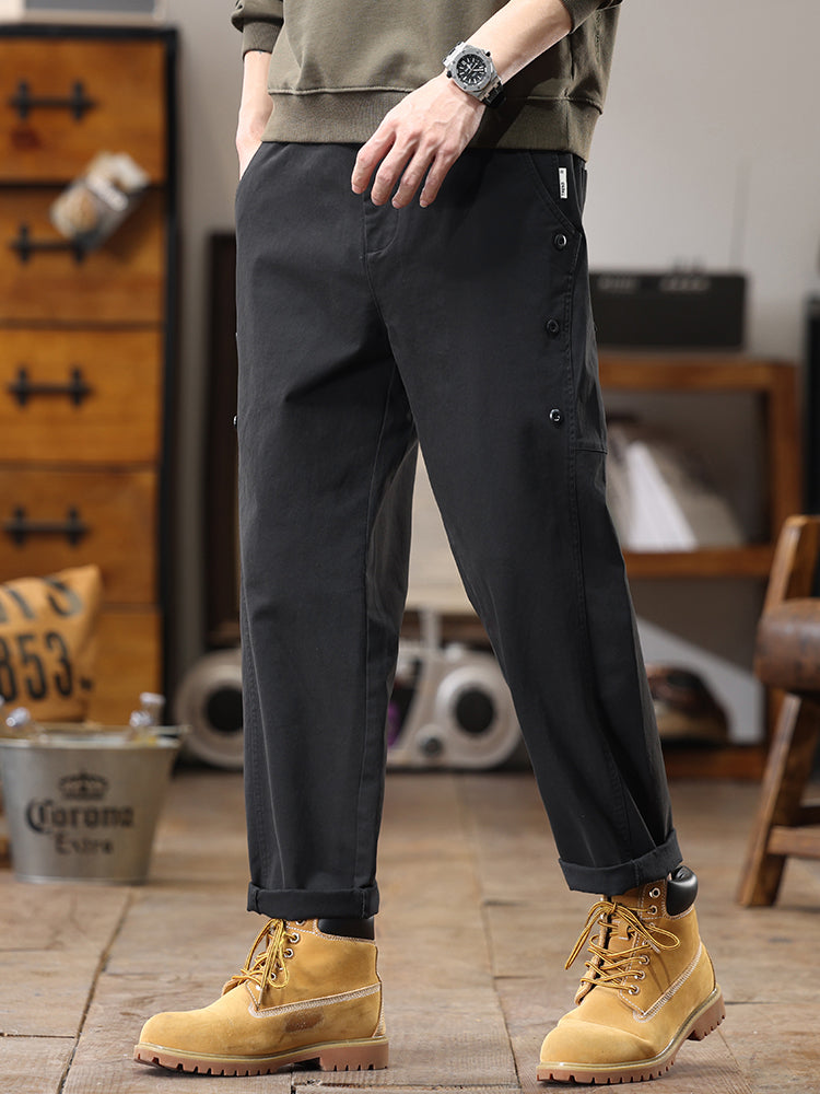 Pantalon cargo homme à boutons latéraux décoratifs, coupe droite et ample