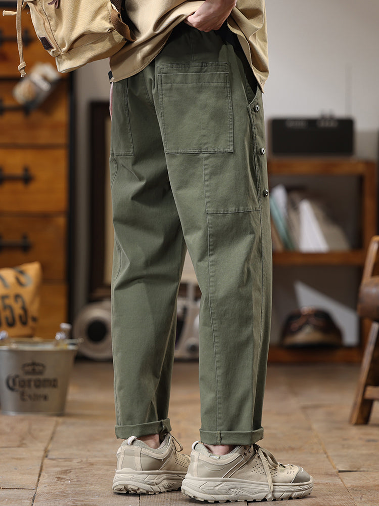 Pantalon cargo homme à boutons latéraux décoratifs, coupe droite et ample