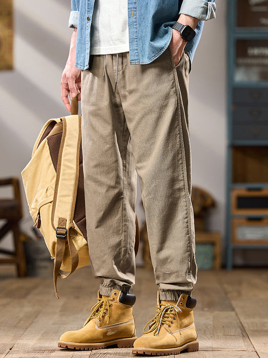 Pantalon décontracté pour homme, coupe ample, multipoches, 100 % coton, chevilles élastiques
