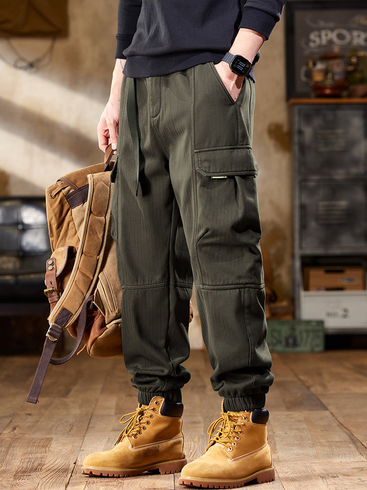 Pantalon cargo de jogging pour homme en tissu à chevrons avec ceinture ajustable