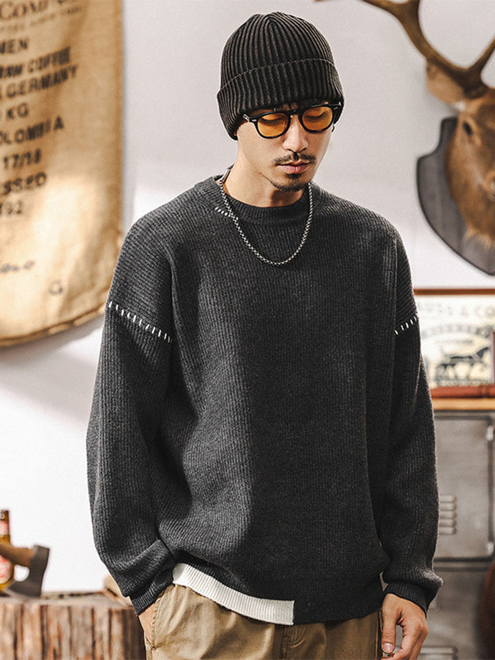 Pull en maille à col rond pour homme, coupe ample avec détails de coutures contrastantes