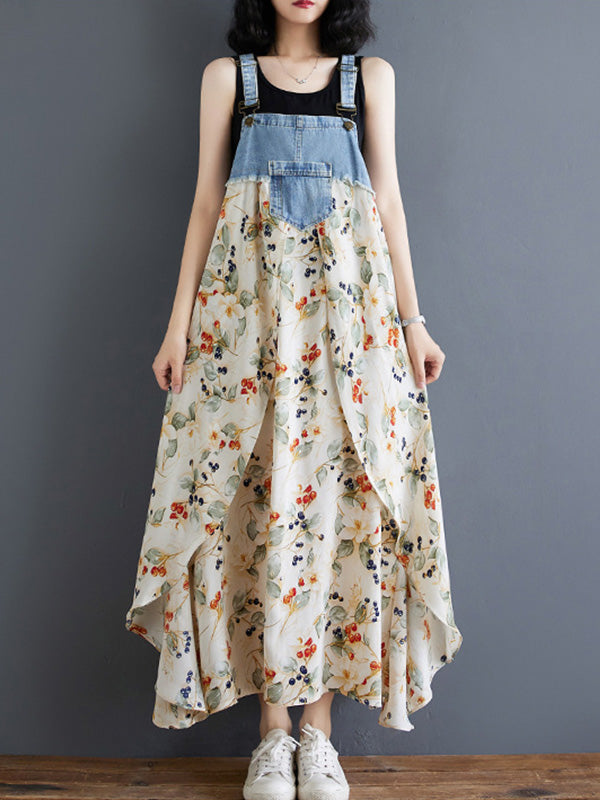 Abito salopette lungo in denim patchwork con stampa acquerello