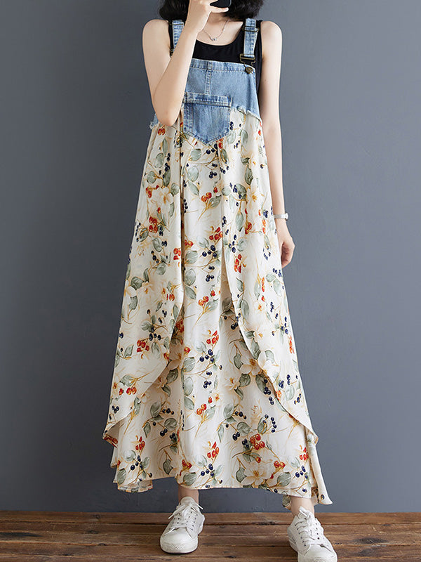 Abito salopette lungo in denim patchwork con stampa acquerello