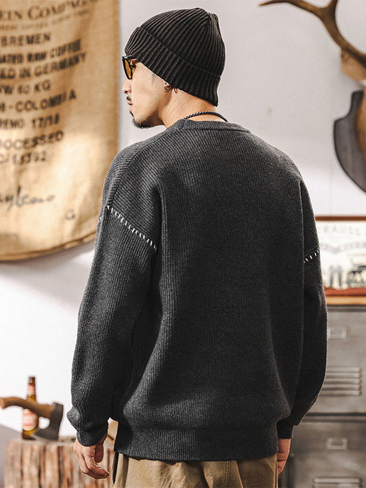 Pull en maille à col rond pour homme, coupe ample avec détails de coutures contrastantes