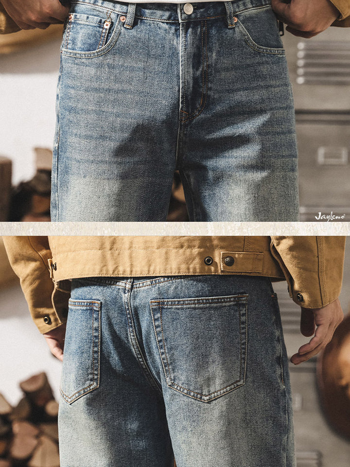 Jeans da uomo in stile rétro con gamba ampia e lavaggio autentico