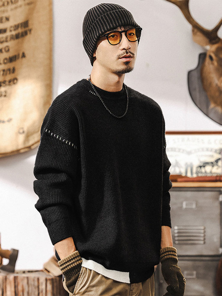 Pull en maille à col rond pour homme, coupe ample avec détails de coutures contrastantes