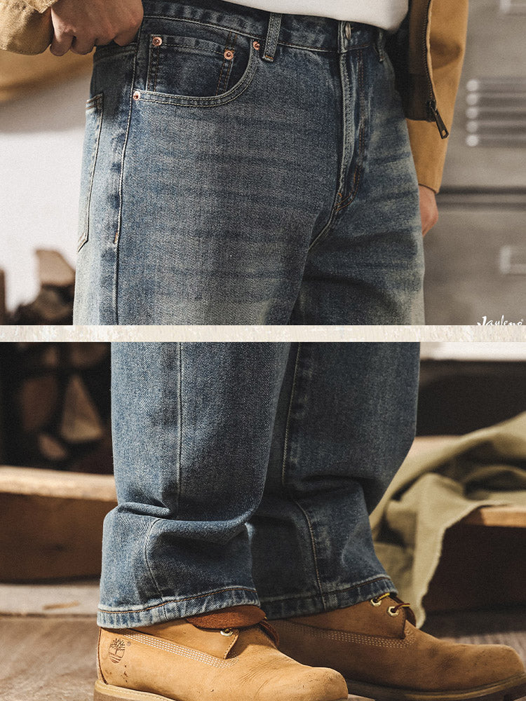 Jeans da uomo in stile rétro con gamba ampia e lavaggio autentico