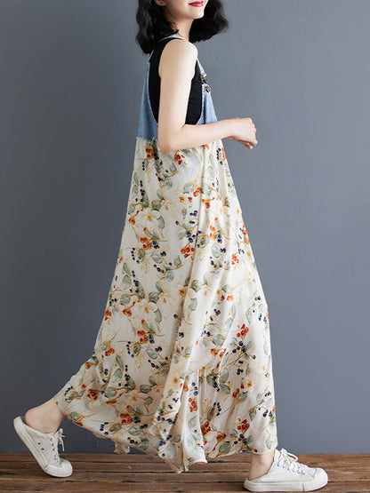 Robe salopette maxi patchwork en denim et imprimé aquarelle