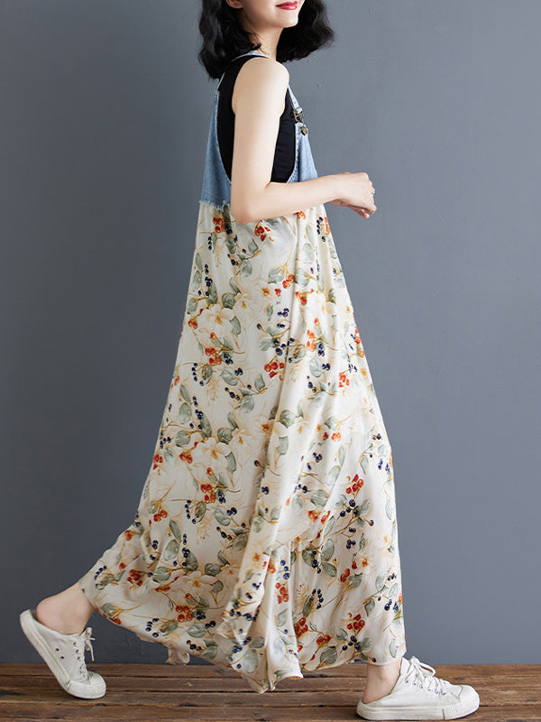 Abito salopette lungo in denim patchwork con stampa acquerello