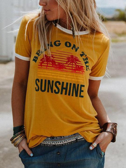 Damen-T-Shirt „Bring On The Sunshine“ mit Kokosnusspalmen-Print