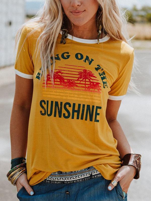 T-shirt da donna con stampa "Bring On The Sunshine" e palma da cocco