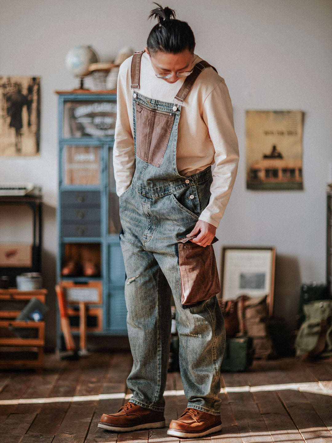 Men's Contrast Overalls Distressed Denim Dungarees