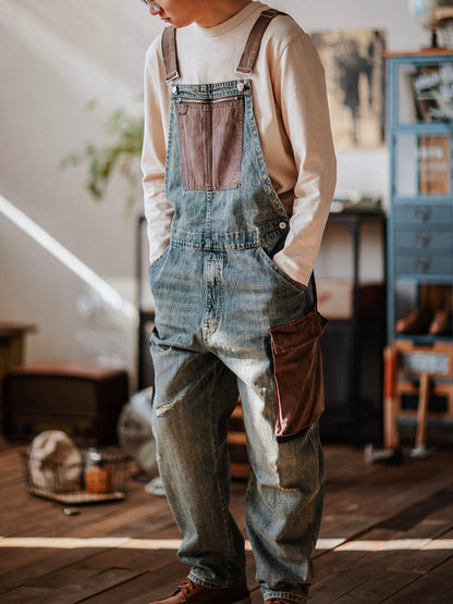 Men's Contrast Overalls Distressed Denim Dungarees