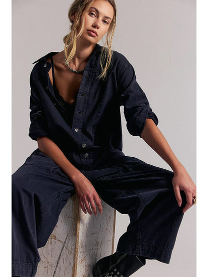 Combinaison-pantalon en jean à jambes larges pour femme