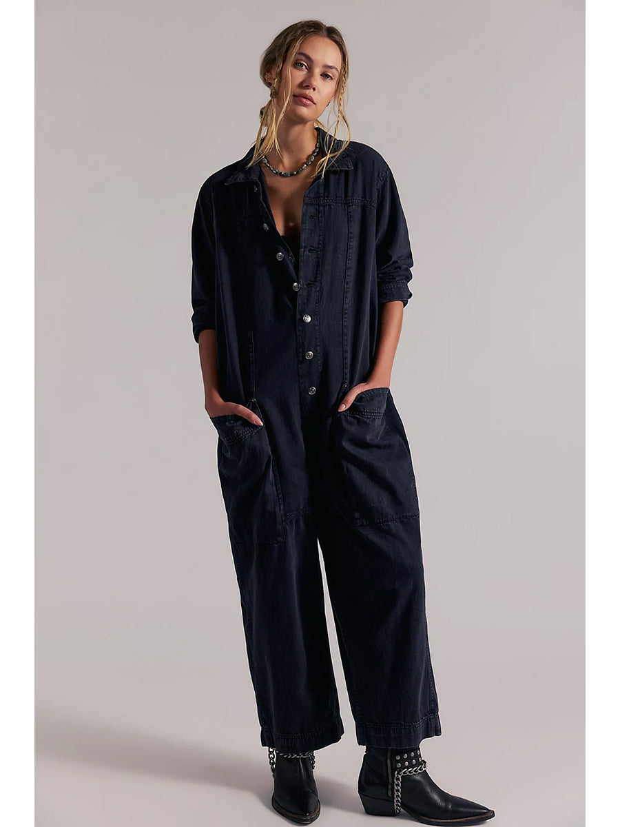 Combinaison-pantalon en jean à jambes larges pour femme