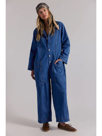 Combinaison-pantalon en jean à jambes larges pour femme