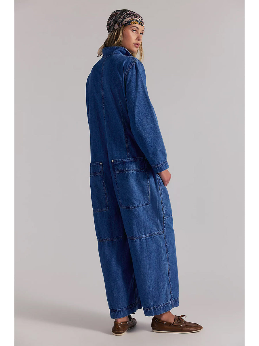 Combinaison-pantalon en jean à jambes larges pour femme