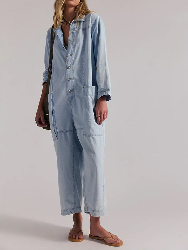 Tuta intera da donna in denim a gamba larga stile utility