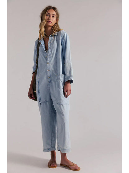 Combinaison-pantalon en jean à jambes larges pour femme