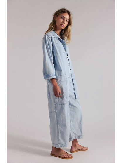 Combinaison-pantalon en jean à jambes larges pour femme